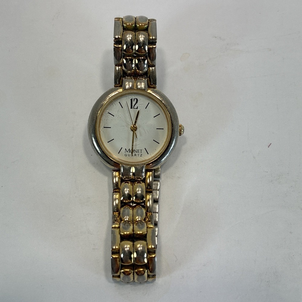 Vintage Monet Women Watch Silver & Gold Tone Quartz Working New Battery
